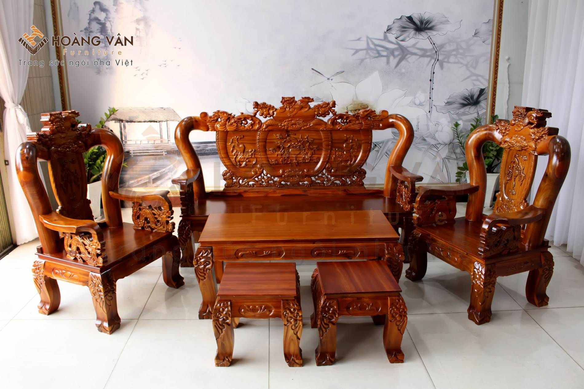bộ bàn ghế gỗ Tràm Hồng Nghê Phượng