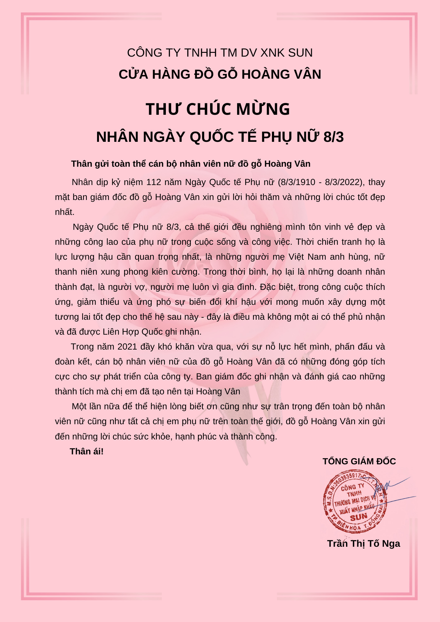 Thư chúc mừng 8/3